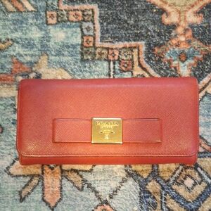 Prada Brick Red Leather Long Double Snap Wallet